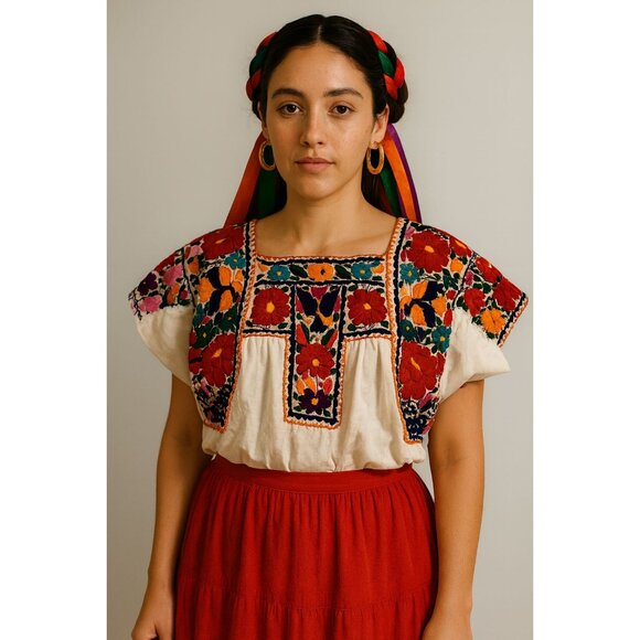 Mexican China Poblana Artisan Blouse Handmade Festival Embroidered Sustainable - Picture 1 of 13